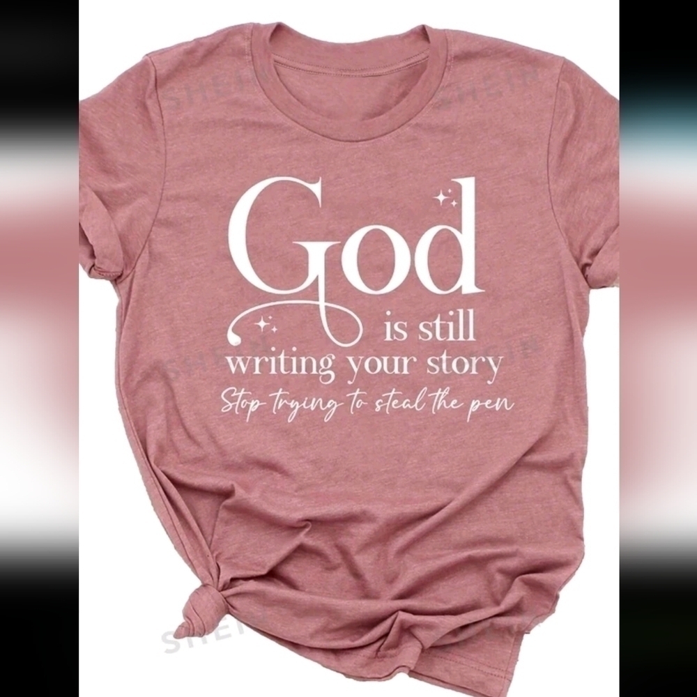 Women's God Christian slogan t-shirt pink white story pin new Y2K moms kids acti